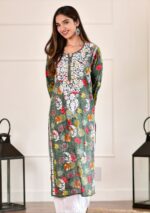 Liza Chikankari MulMul Straight Kurta- Mehndi Green