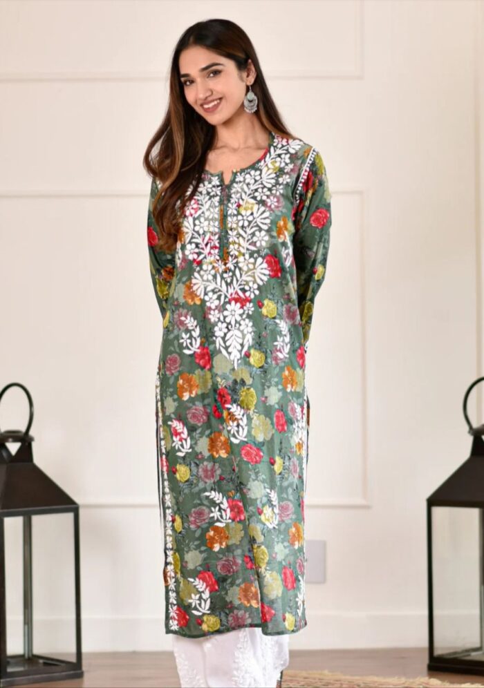 Liza Chikankari MulMul Straight Kurta- Mehndi Green - Image 1