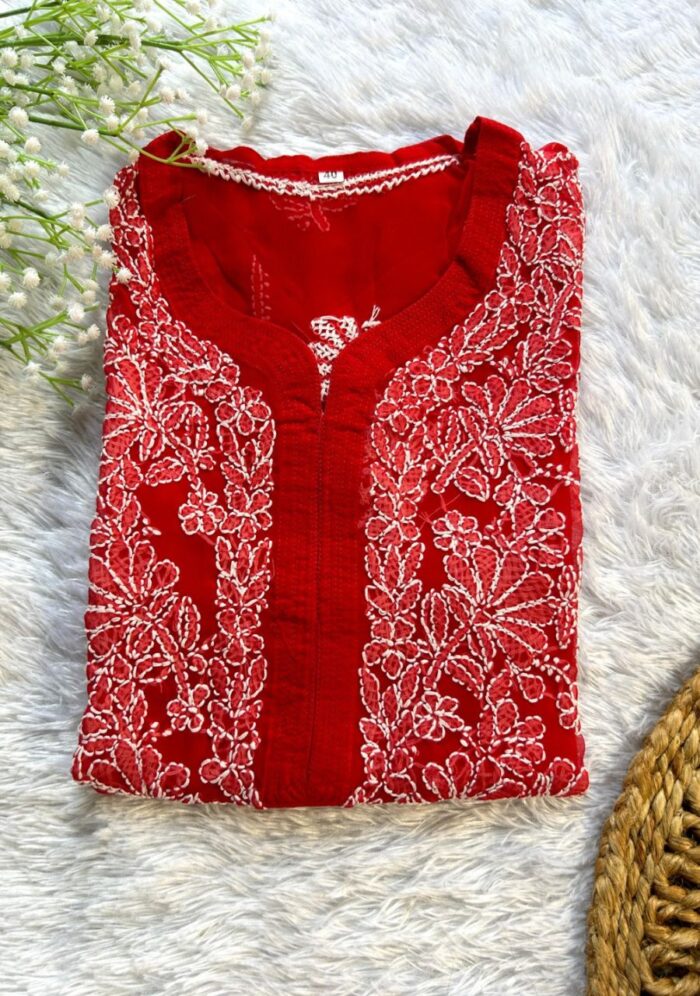 Alice Georgette Chikankari Long Straight Kurti - Red - Image 1