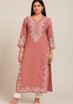 Elira Rayon Chikankari Long Kurti- Terracotta peach