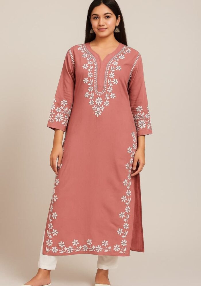 Elira Rayon Chikankari Long Kurti- Terracotta peach - Image 1