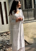 Noor Chikankari Mukesh Work Rayon Long Kurti Set with Dupatta - White - Image 8
