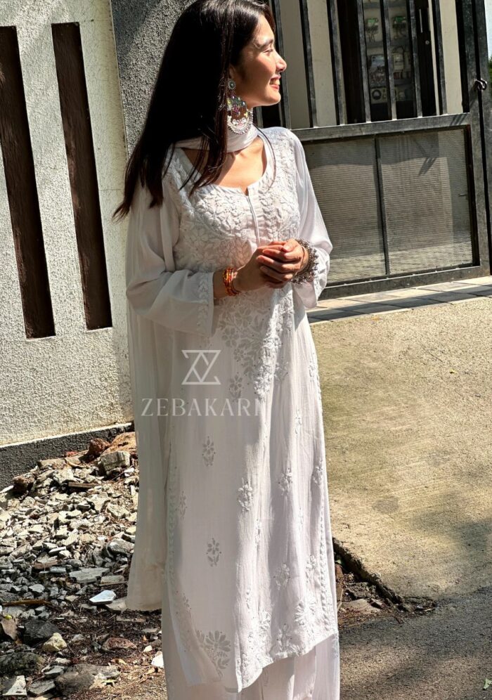 Noor Chikankari Mukesh Work Rayon Long Kurti Set with Dupatta - White - Image 8