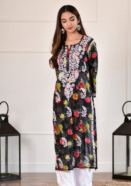 Liza Black Chikankari MulMul Straight Kurta