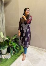 Alice Georgette Chikankari Long Straight Kurti - Wine - Image 2