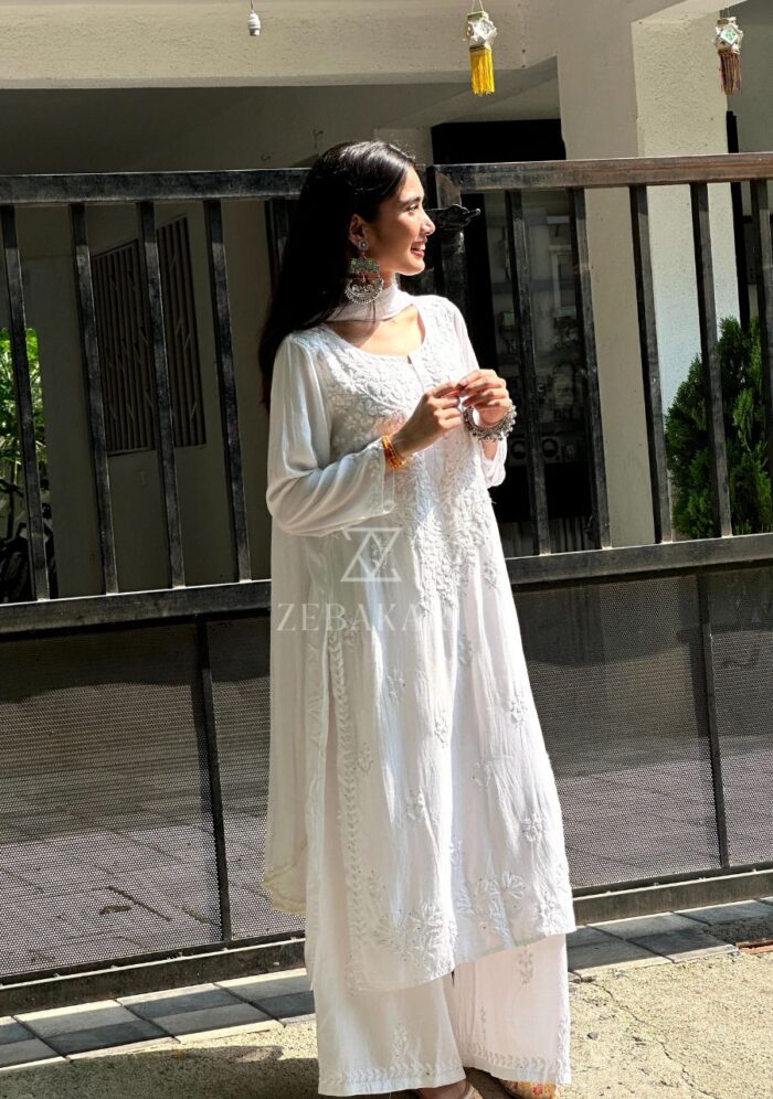 Noor Chikankari Mukesh Work Rayon Long Kurti Set with Dupatta - White - Image 5