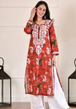 Liza Chikankari MulMul Straight Kurta- Red