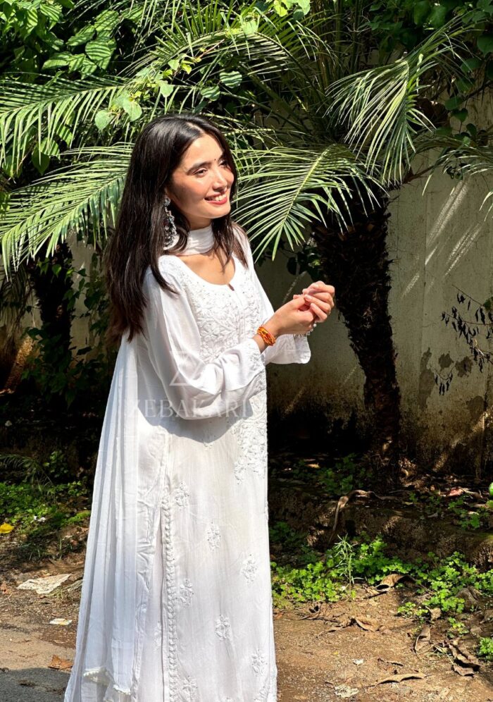 Noor Chikankari Mukesh Work Rayon Long Kurti Set with Dupatta - White - Image 6