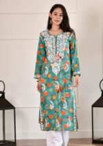 Liza Chikankari Mulmul Long Kurti- Turquoise Green