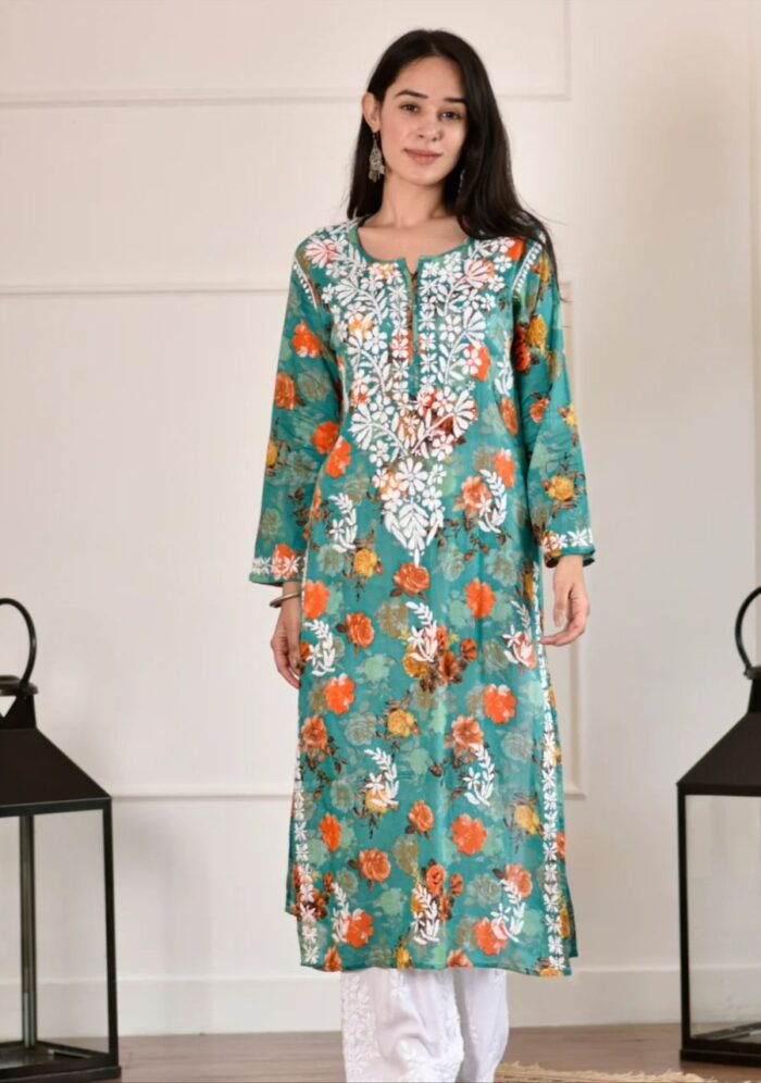 Liza Chikankari Mulmul Long Kurti- Turquoise Green - Image 1