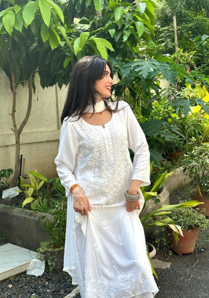 Noor Chikankari Mukesh Work Rayon Long Kurti Set with Dupatta - White - Image 4