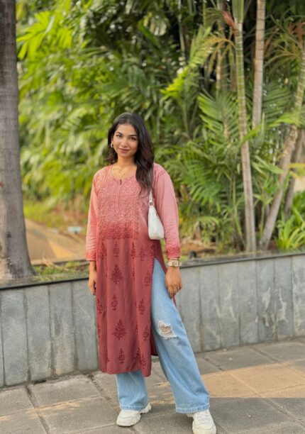 Iqra Brown Chikankari Modal Long Kurta