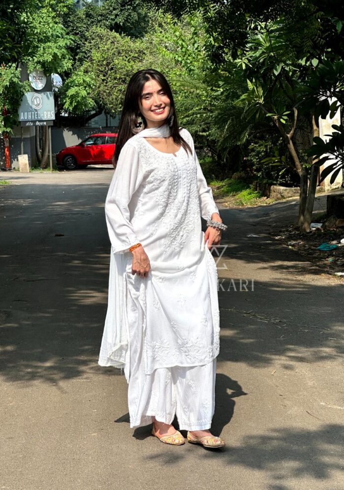 Noor Chikankari Mukesh Work Rayon Long Kurti Set with Dupatta - White - Image 1