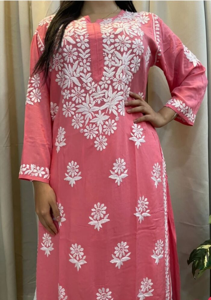 Feriha Modal Chikankari Long Kurta - Peach - Image 1