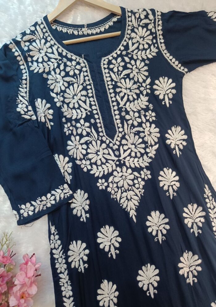 Feriha Modal Chikankari Long Kurta - Blue - Image 1