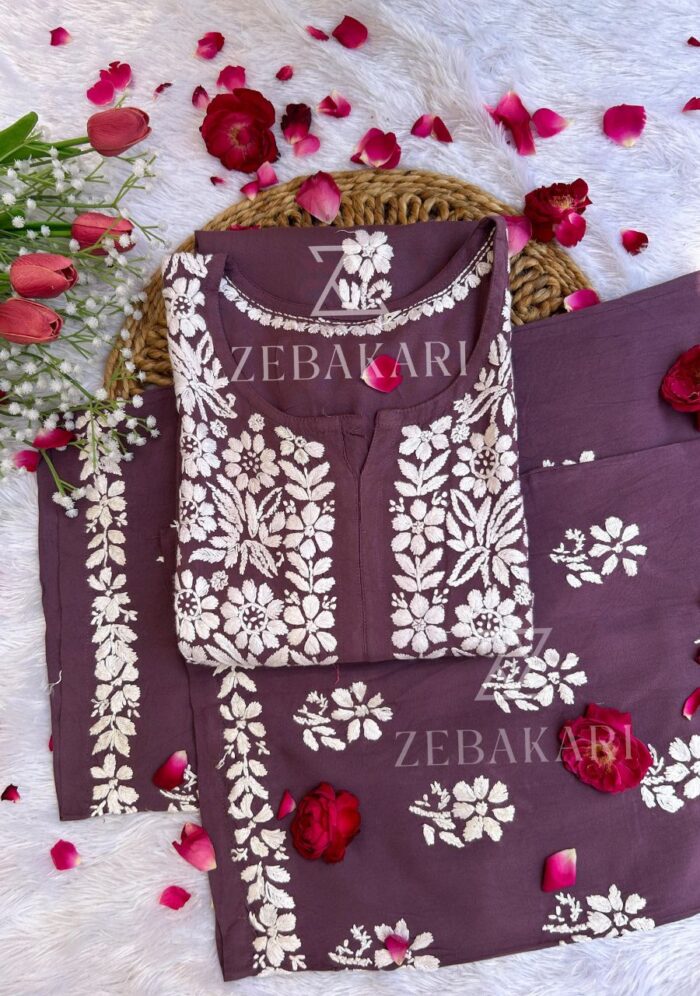 Zoe Mauve Chikankari Rayon Kurta Set - Image 1