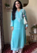 Elira Rayon Chikankari Long Kurti- Turquoise blue