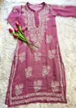 Alice Georgette Chikankari Long Straight Kurti - Mauve - Image 3
