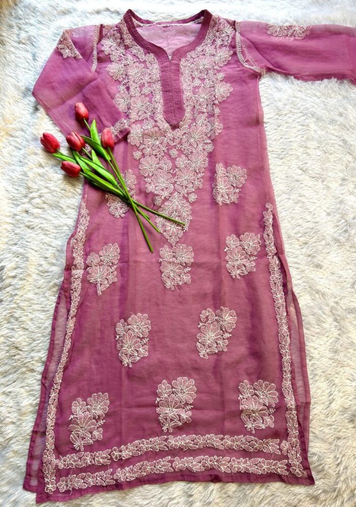 Alice Georgette Chikankari Long Straight Kurti - Mauve - Image 3