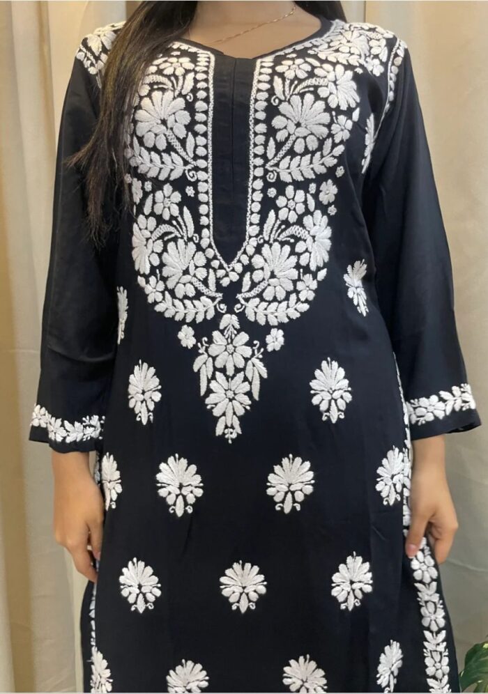Feriha Modal Chikankari Long Kurta - Black - Image 1