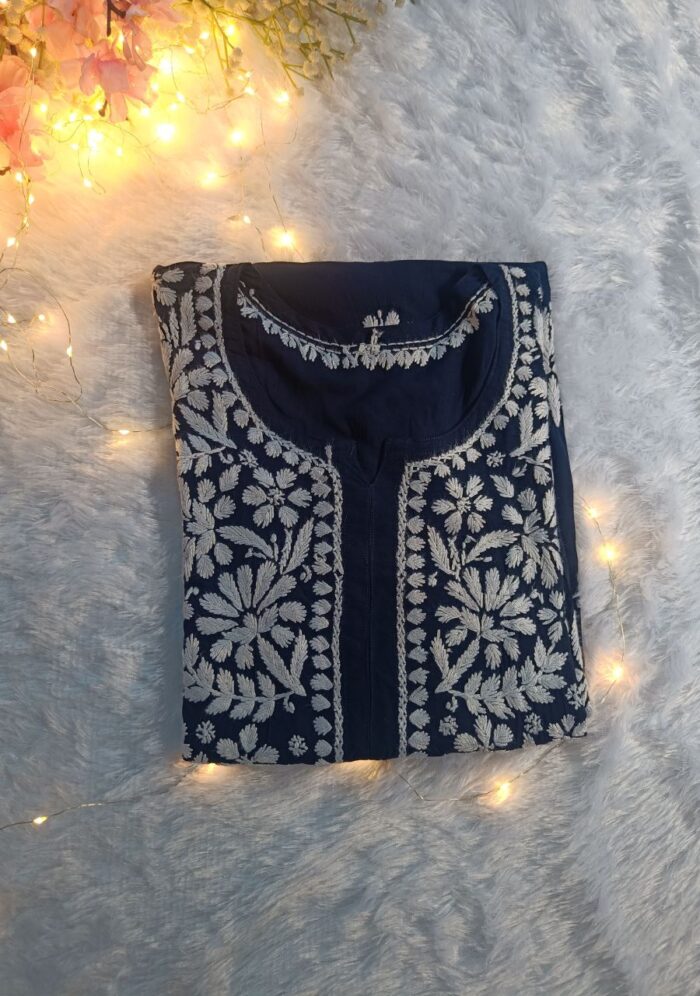 Feriha Modal Chikankari Long Kurta - Blue - Image 3