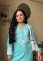 Elira Rayon Chikankari Long Kurti- Turquoise blue - Image 3