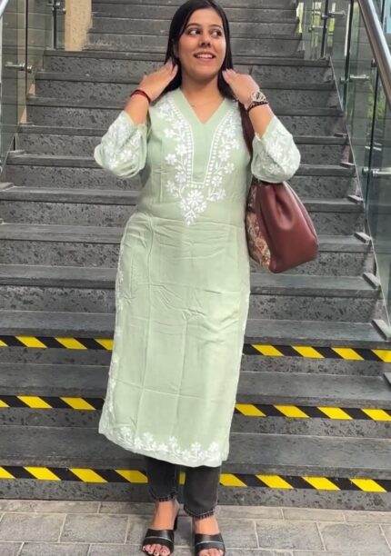 Elira Rayon Chikankari Long Kurti- Sage green