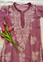 Alice Georgette Chikankari Long Straight Kurti - Mauve - Image 2