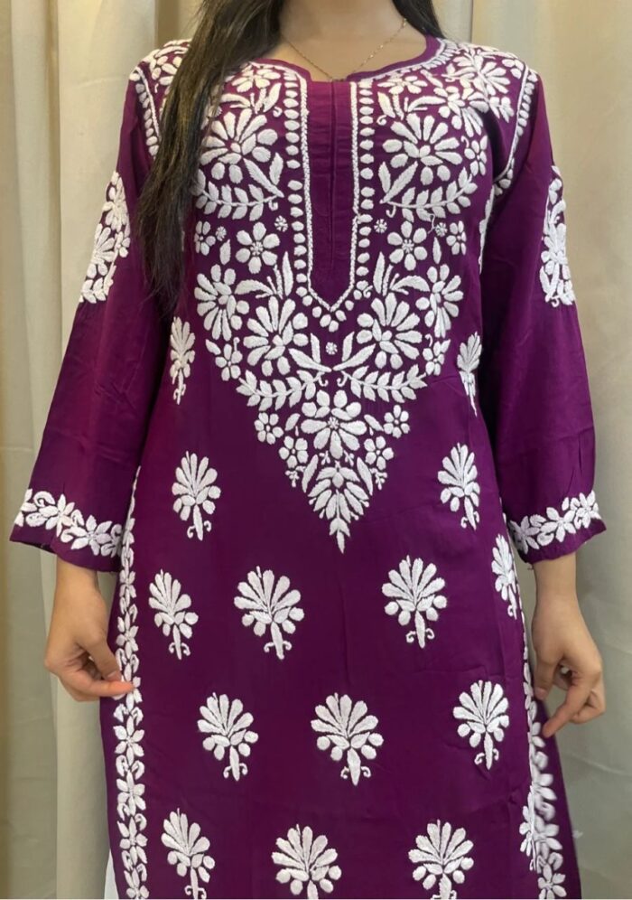 Feriha Modal Chikankari Long Kurta - Plum - Image 1