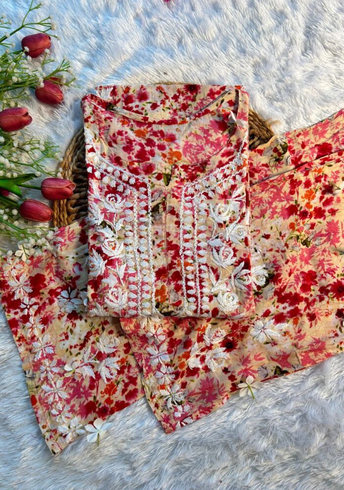 Ruby Mulmul Chikankari Rayon Kurta Set - Red - Image 2