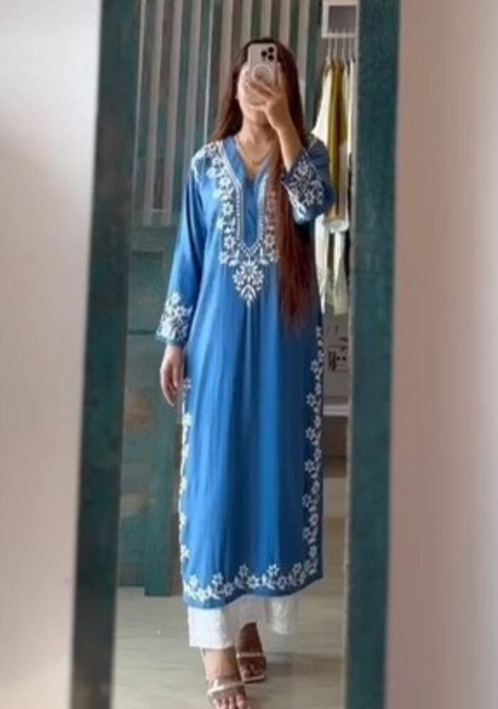Elira Rayon Chikankari Long Kurti- Powder Blue - Image 1