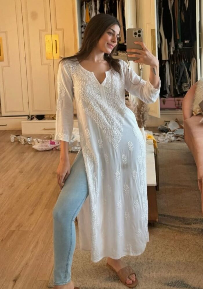 Dove White Modal Chikankari Long Kurta - Image 1