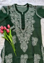Alice Georgette Chikankari Long Straight Kurti - Bottle Green - Image 2