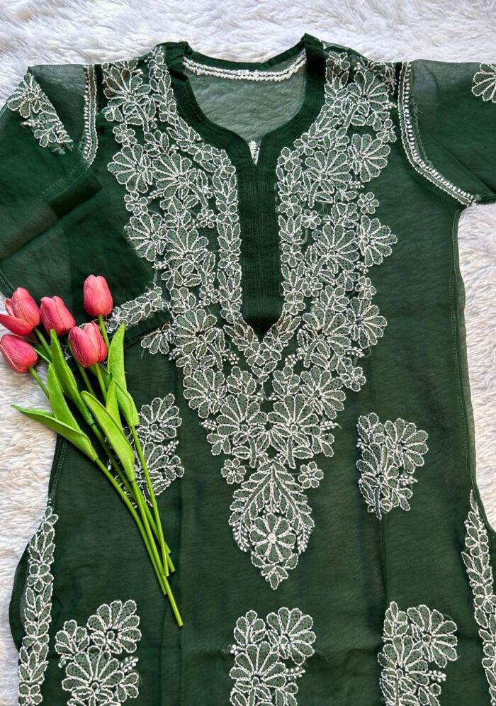 Alice Georgette Chikankari Long Straight Kurti - Bottle Green - Image 2