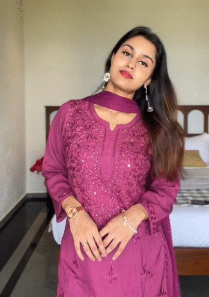 Noor Chikankari Mukesh Work Rayon Long Kurti Set with Dupatta - Plum - Image 7