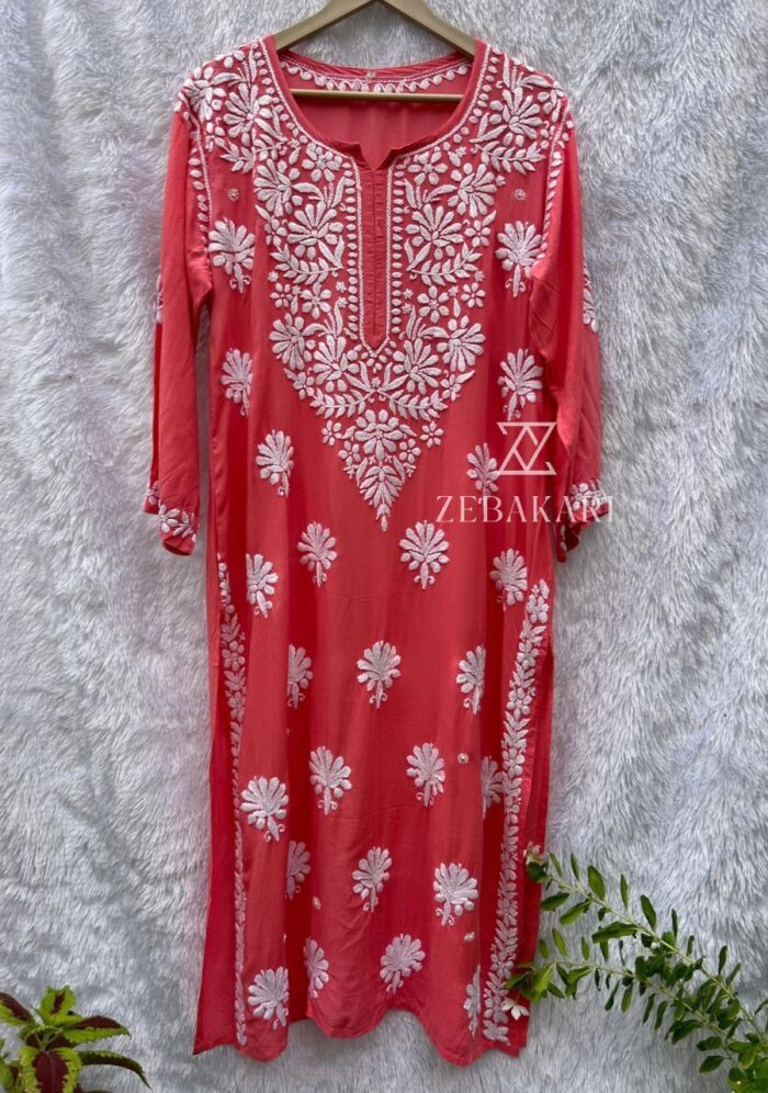 Feriha Modal Chikankari Long Kurta - Peach - Image 2