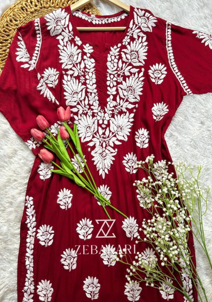 Mily Maroon Chikankari Modal Long Kurta - Image 1
