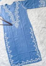 Elira Rayon Chikankari Long Kurti- Powder Blue - Image 3