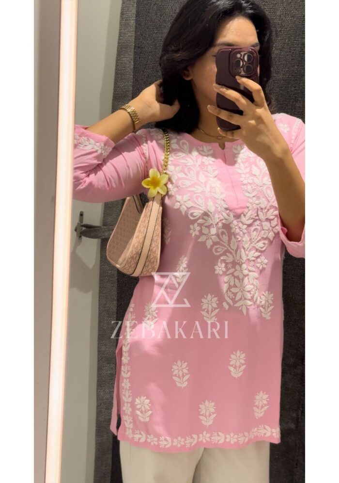 Daisy Chikankari Rayon Short Kurti - Baby Pink - Image 1