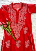 Alice Georgette Chikankari Long Straight Kurti - Red - Image 2