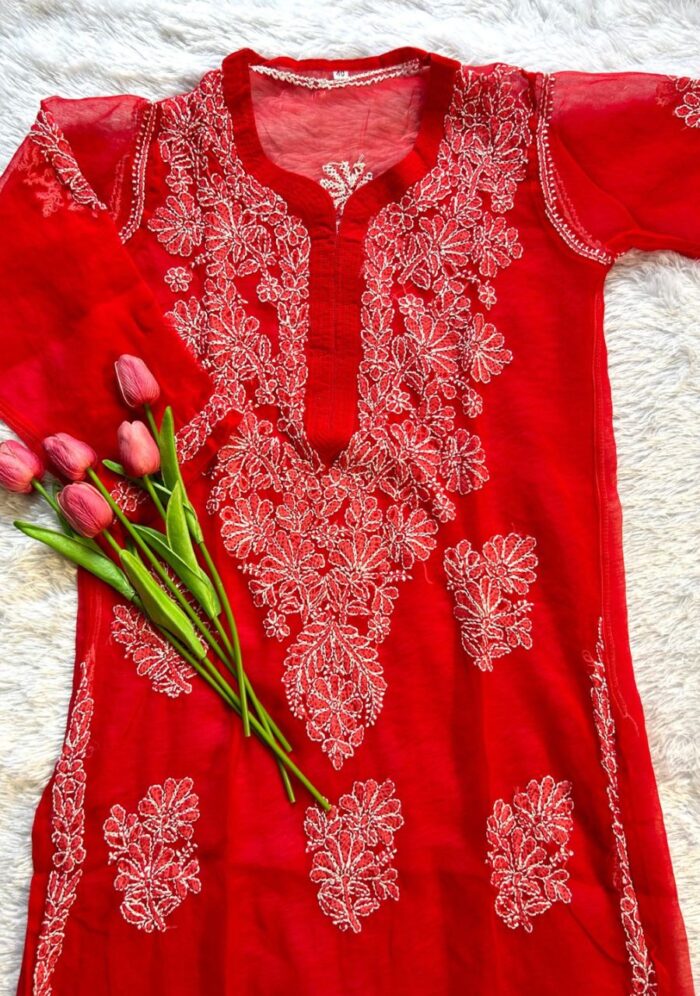 Alice Georgette Chikankari Long Straight Kurti - Red - Image 2