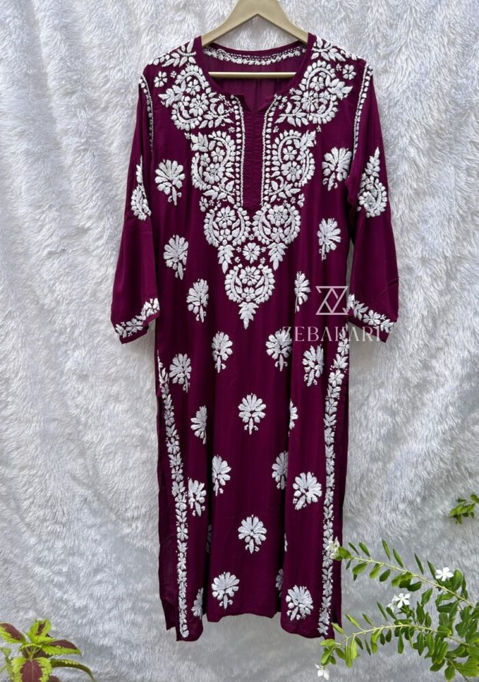 Feriha Modal Chikankari Long Kurta - Plum - Image 2
