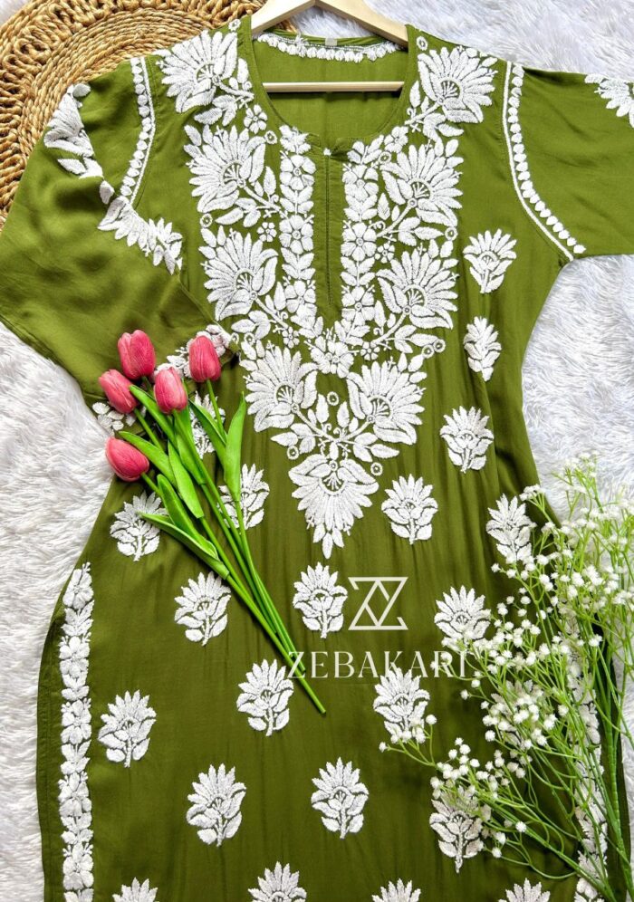 Mily Moss Green Chikankari Modal Long Kurta - Image 1