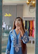 Elira Rayon Chikankari Long Kurti- Powder Blue - Image 2