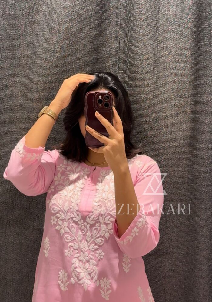 Daisy Chikankari Rayon Short Kurti - Baby Pink - Image 2