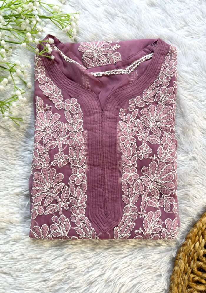 Alice Georgette Chikankari Long Straight Kurti - Mauve - Image 1