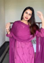 Noor Chikankari Mukesh Work Rayon Long Kurti Set with Dupatta - Plum - Image 3