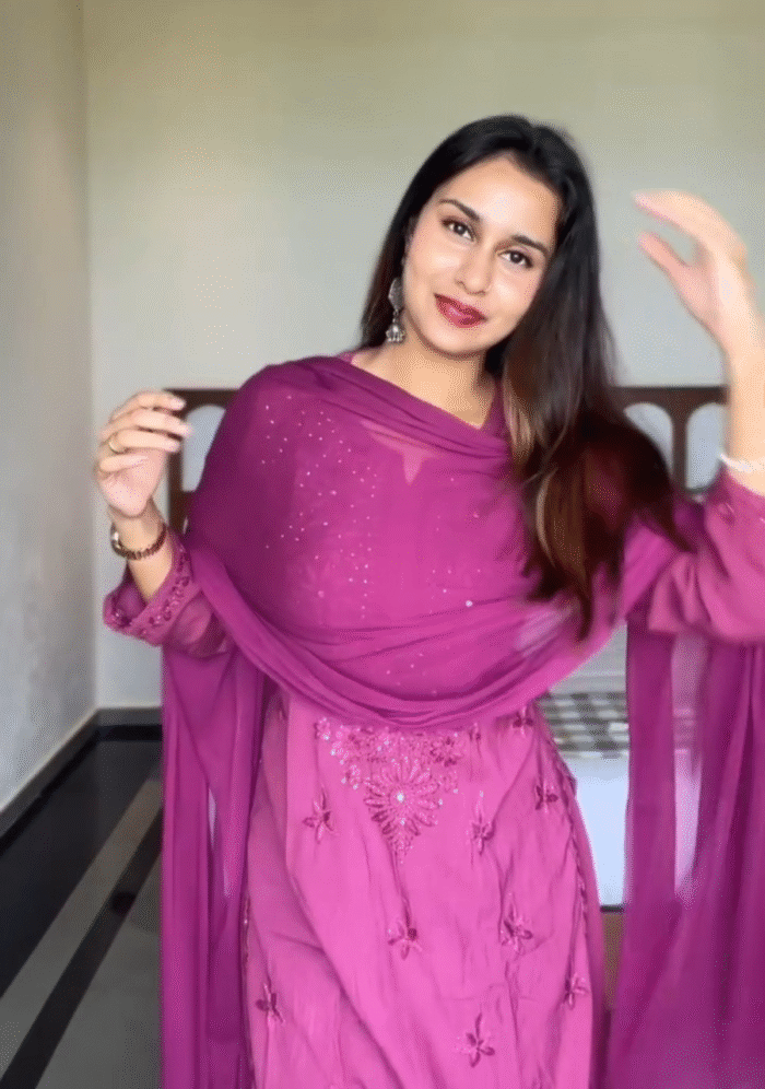 Noor Chikankari Mukesh Work Rayon Long Kurti Set with Dupatta - Plum - Image 3