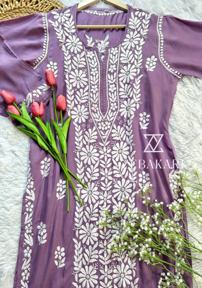 Feriha Chikankari Panel Design Modal Straight Kurta- Mauve - Image 1