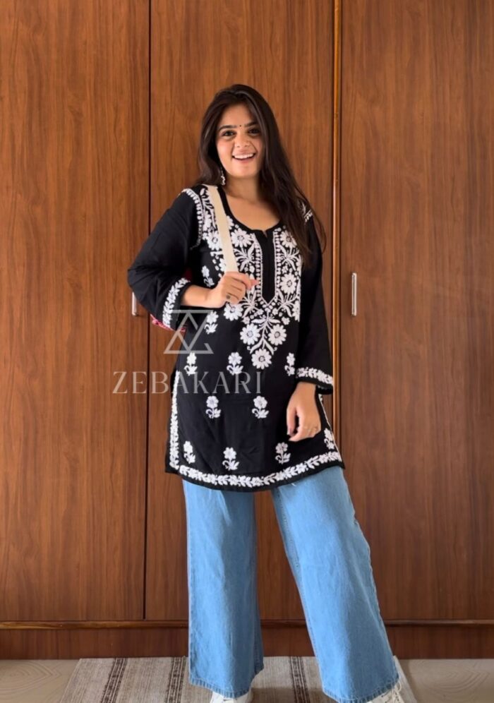 Daisy Chikankari Rayon Short Kurti - Black - Image 1